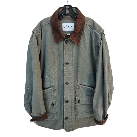 Orvis Work Jacket Men 2XL Green Barn Chore Coat Insulated Canvas Corduroy Collar - Picture 1 of 16